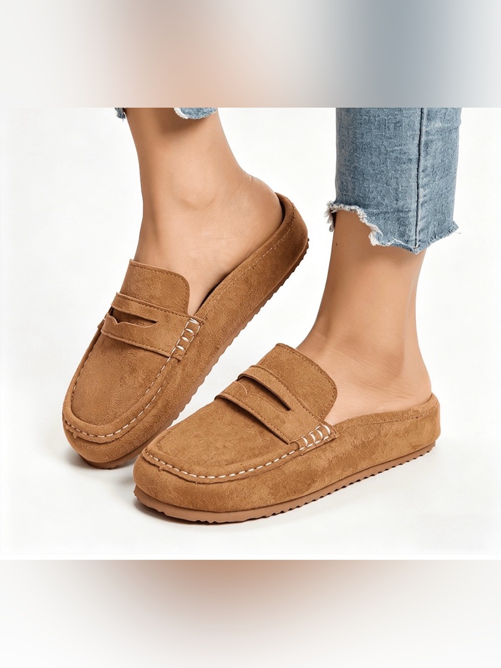Women's BRAND NEW Faux Suede Penny Loafer Mule Clogs, Casual Backless Loafers
